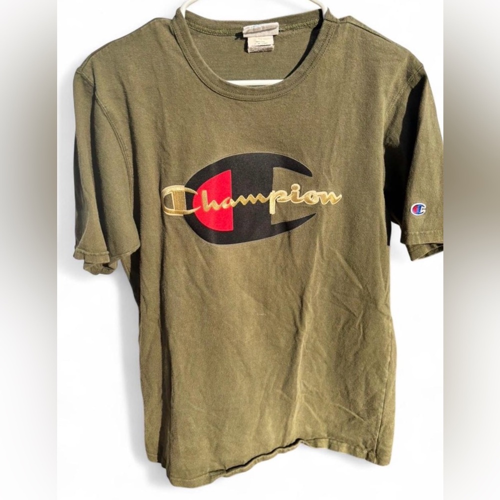 Vintage Champion Olive Green Logo T-Shirt with Black, Red & Gold Accent